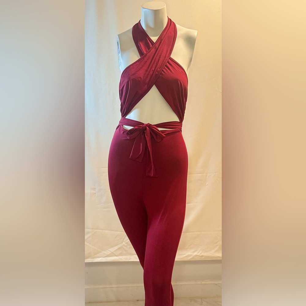 SHEIN Burgundy Halter Jumpsuit
